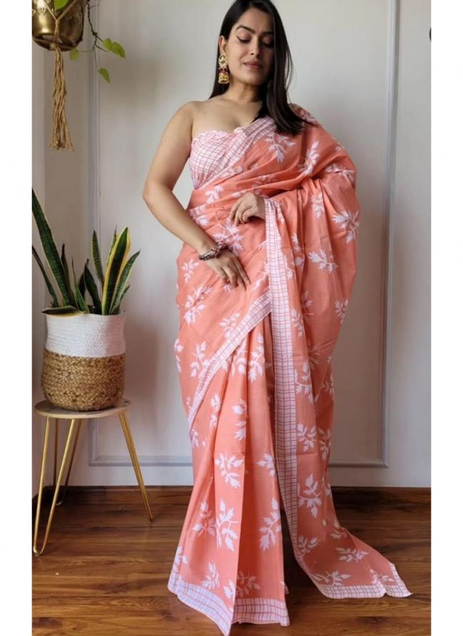 Soft Linen Peach Casual Wear Printed Saree